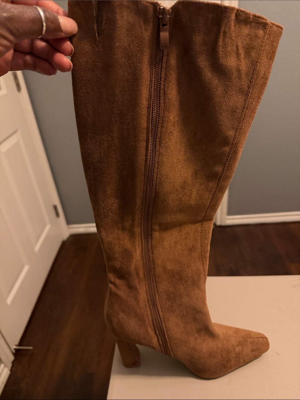 TOP Moda Tall Faux Suede Knee Boots in Cognac Brown - Picture 8 of 11